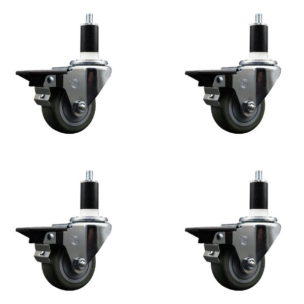 3'' Gray Poly Swivel 1-3/8'' Expanding Stem Caster Set with Brake, 4PK